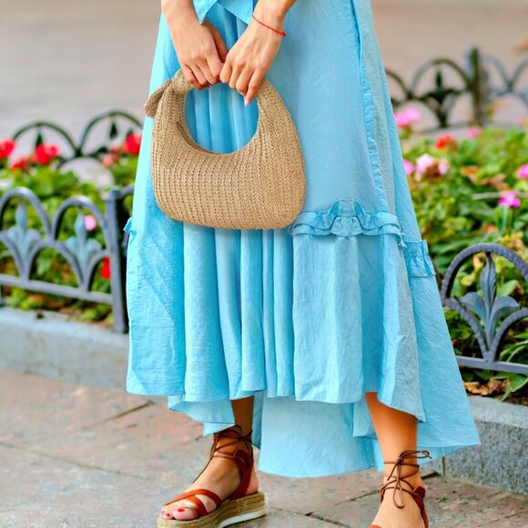 Elegant Woven Handle Handbag - Light Apricot Beach Tote for Stylish Travel - Picture 2 of 9